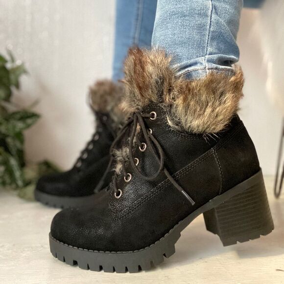 Hiking Black Faux Suede Combat Booties - Picture 1 of 7